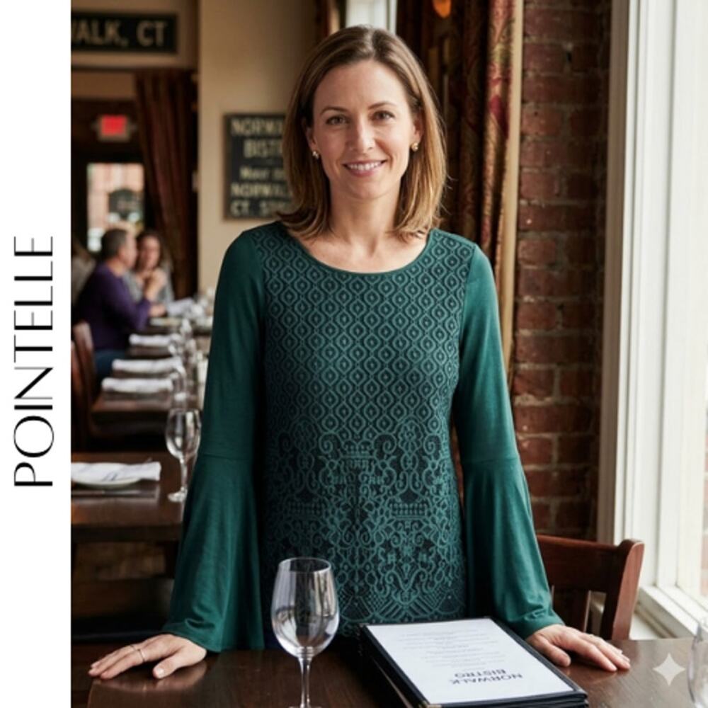 Pointelle Green Lace Overlay Bell Sleeve Blouse L